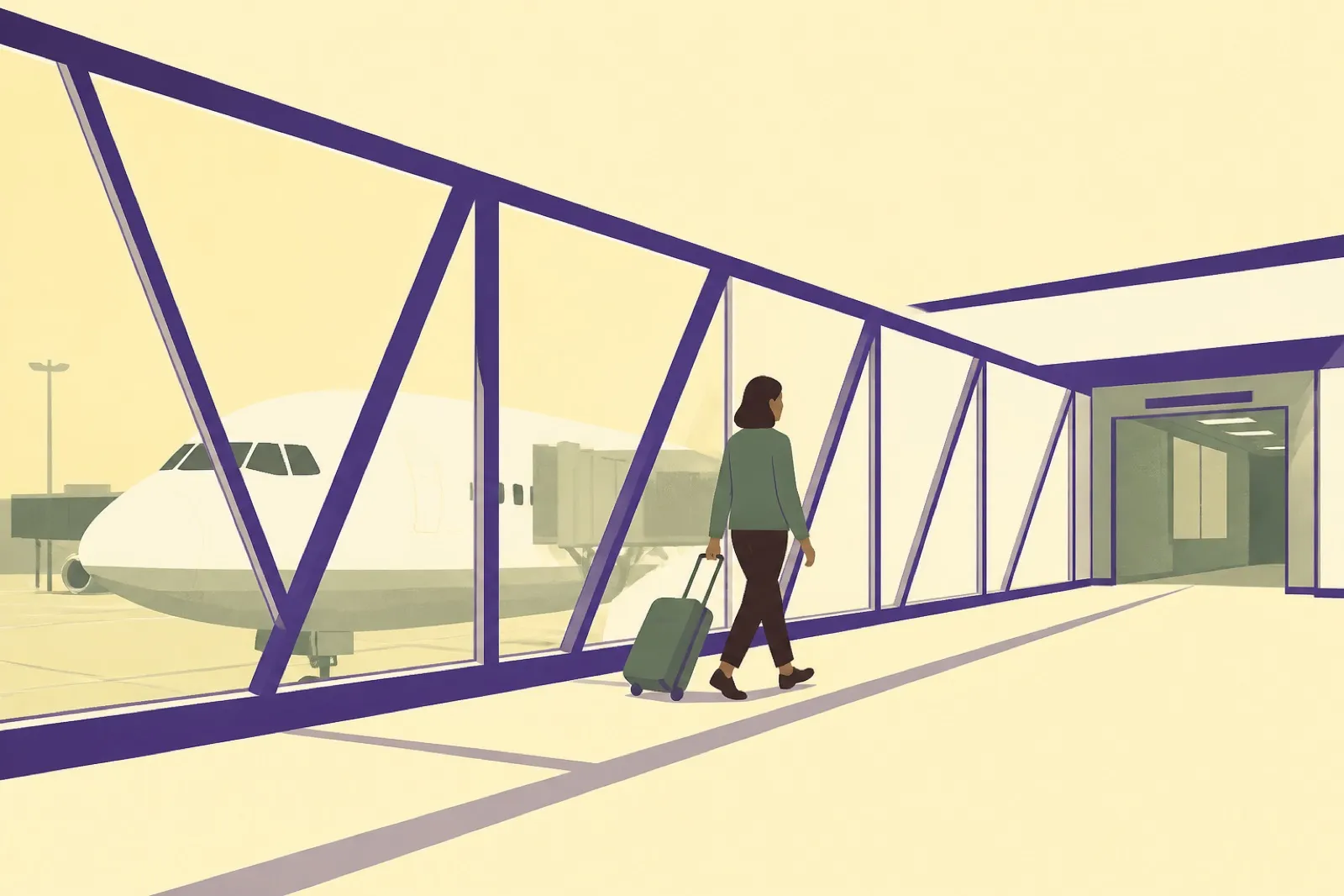 Illustration of a passenger with a rolling suitcase walking through a glass jet bridge toward the terminal, aircraft nose visible behind