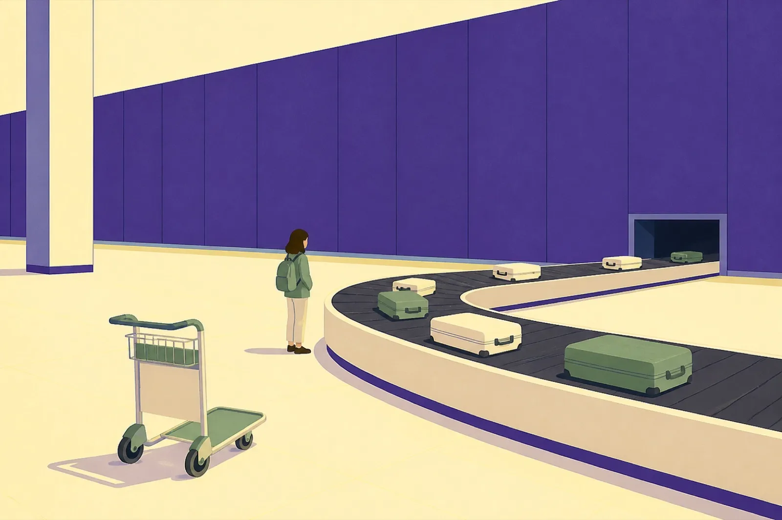 Illustration of a curving baggage carousel with suitcases riding on it, an empty luggage trolley parked in front and a traveller waiting at the belt
