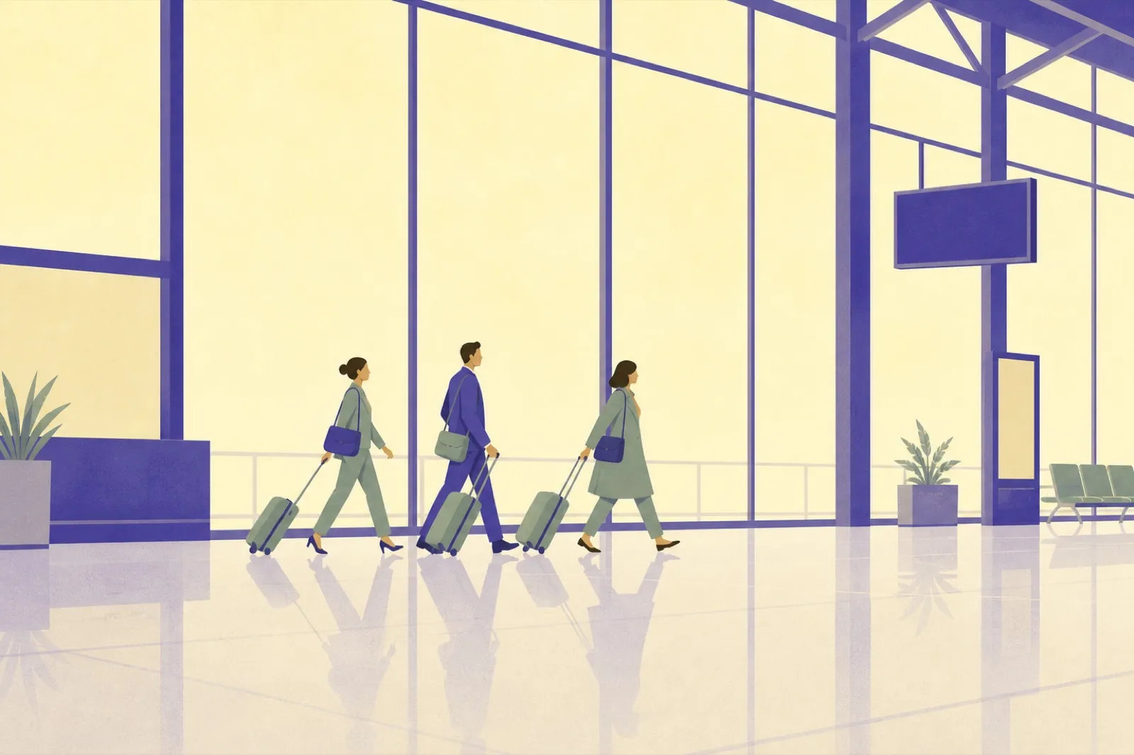 Illustration of three business travellers walking in step through an airport concourse with compact rolling cases and shoulder bags, a tall glass wall behind them