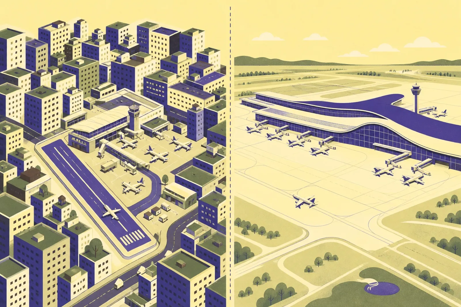 Split illustration contrasting a compact city airport surrounded by buildings with a vast new terminal on open land