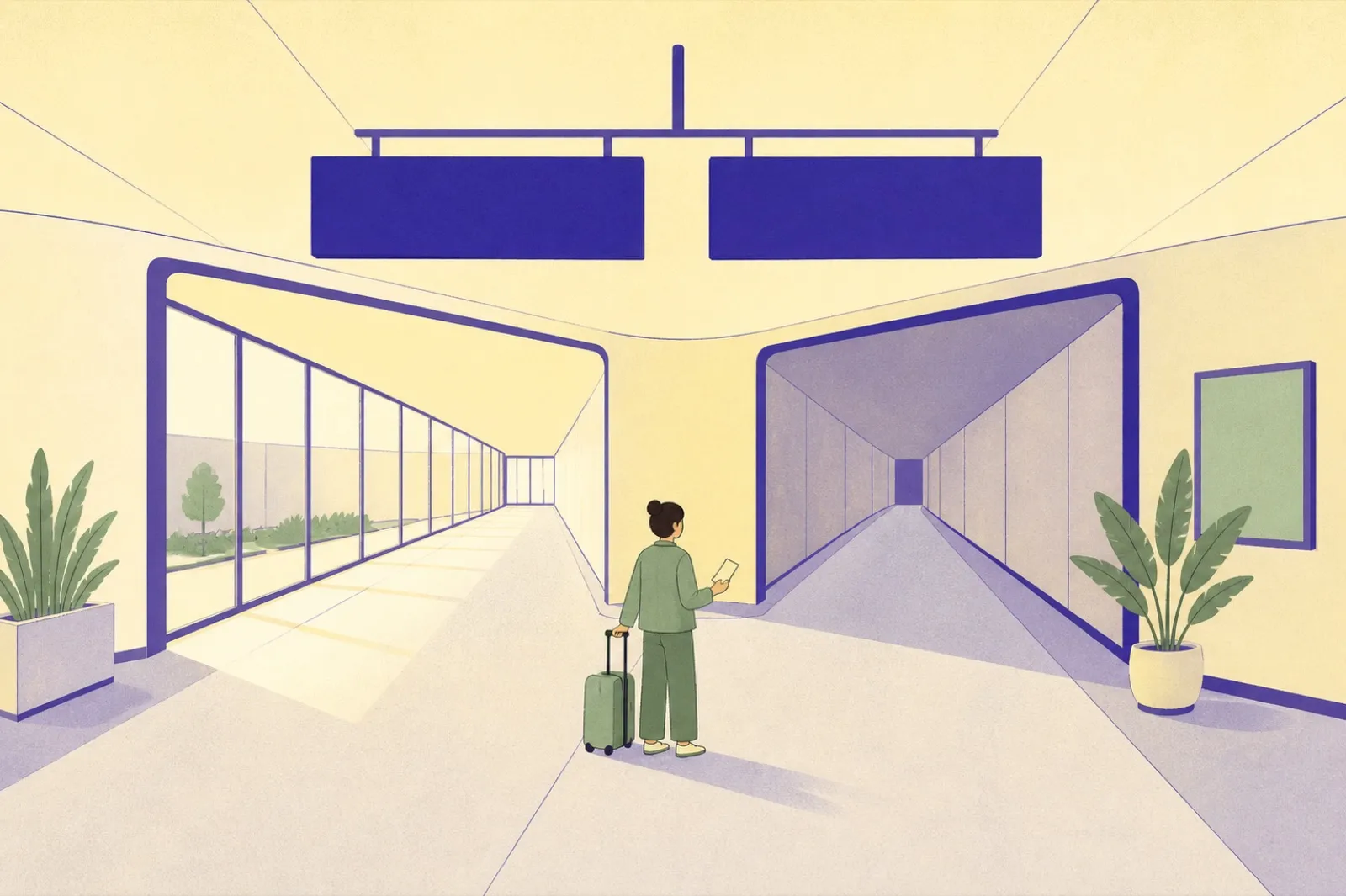 Illustration of a traveller with a cabin bag pausing where an airport corridor splits into two directions, blank direction panels hanging overhead