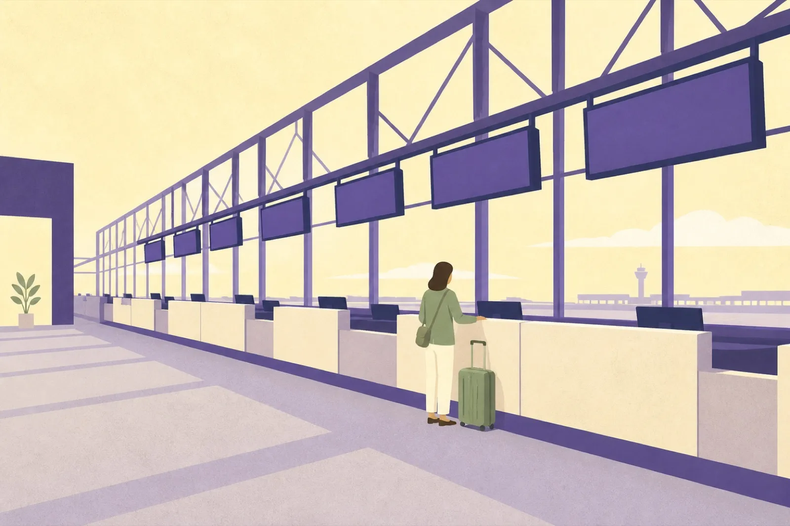 Illustration of a traveller with a rolling suitcase standing at a long airport check-in counter, blank display panels on a gantry overhead and a runway visible through tall windows