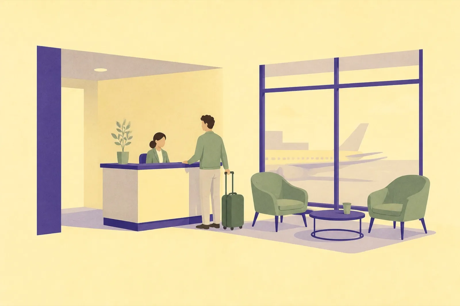 Illustration of a small airport service counter with a seated attendant, a traveller with a suitcase, two soft armchairs and an aircraft beyond the window