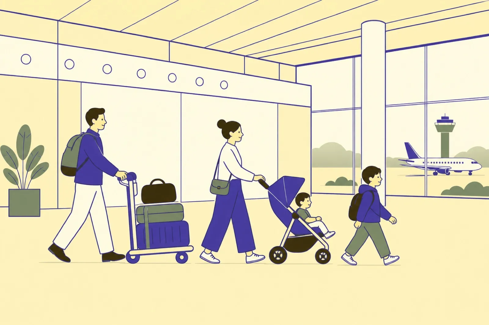 Illustration of parents moving through an airport terminal with a stroller, a young child and a luggage trolley