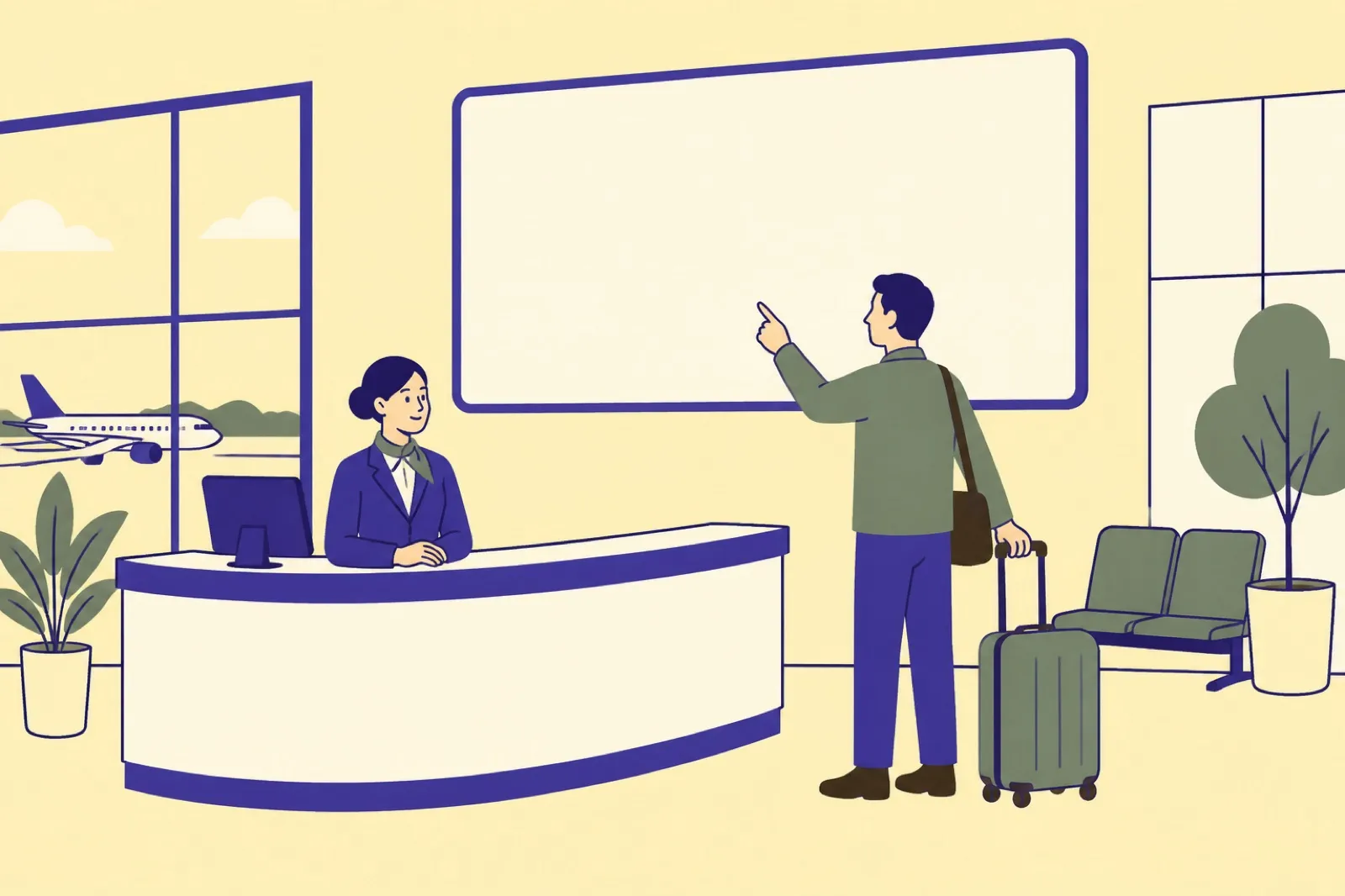 Illustration of a staff member at an airport information desk answering a traveller's questions in front of a departures board