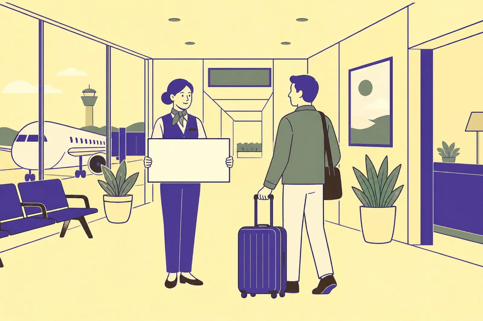 Illustration of an airport assistant in a teal ao dai holding a welcome sign as she greets a traveller with a suitcase in a bright terminal corridor