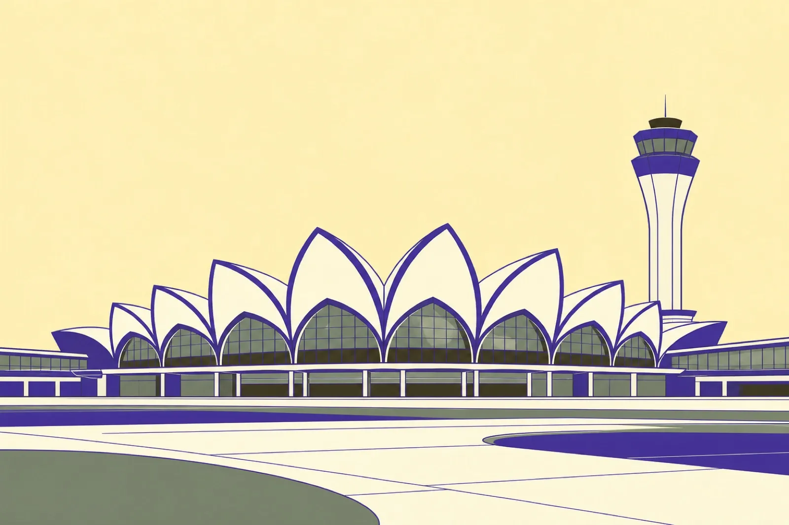 Illustration of a vast airport terminal with a lotus-inspired roofline beside a control tower under a soft sky
