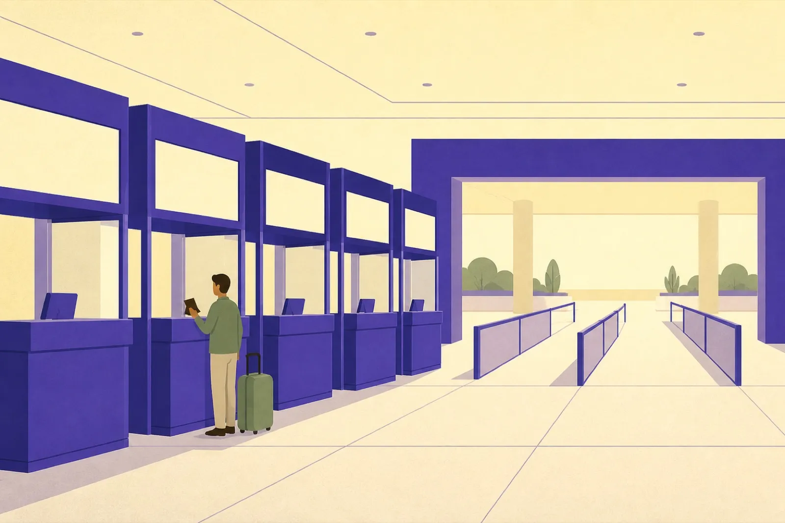 Illustration of a row of passport control booths with a traveller standing at one holding a document, and railed exit channels leading away beyond them