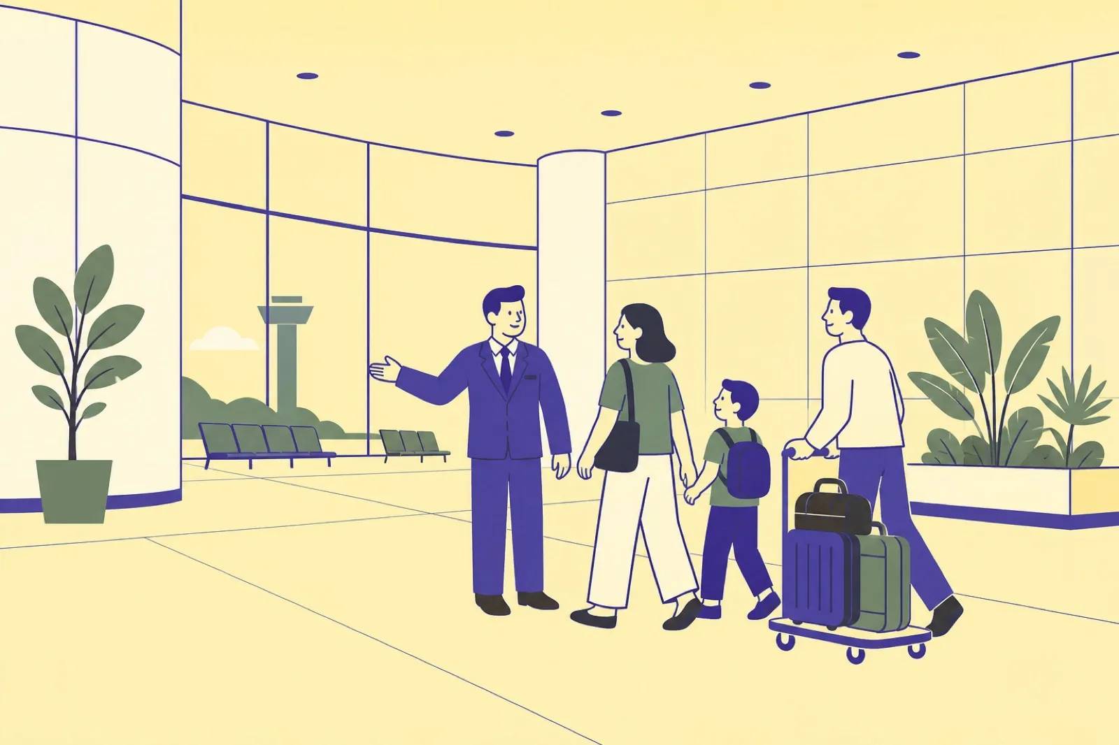 Illustration of a greeter walking a family of three through a spacious modern arrivals hall with high ceilings