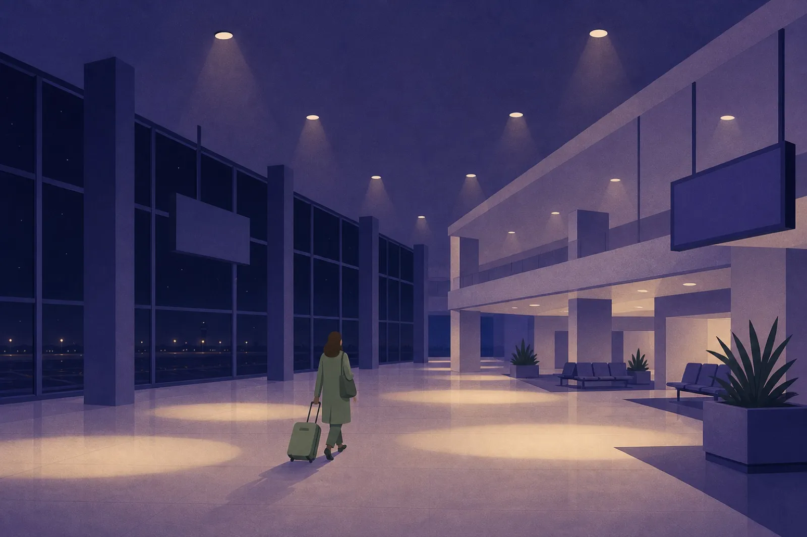 Illustration of a near-empty airport arrivals hall at night, a lone traveller with a suitcase crossing a wide floor under pools of warm ceiling light