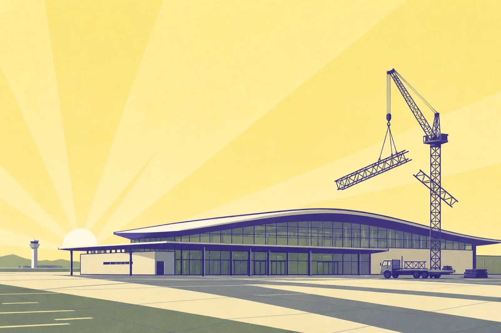 Illustration of a nearly finished airport terminal at sunrise with a single construction crane being dismantled