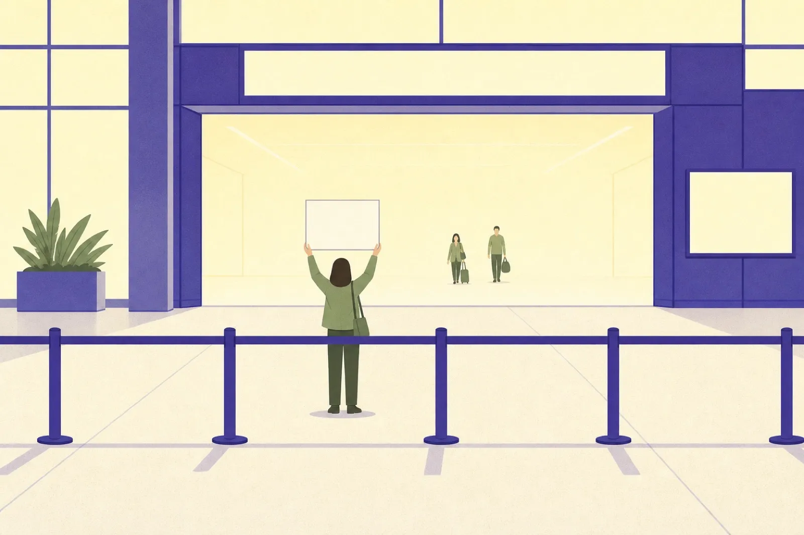 Illustration of a person waiting behind a barrier rail at an arrivals meeting point holding up a blank placard, two travellers walking out through the doorway behind