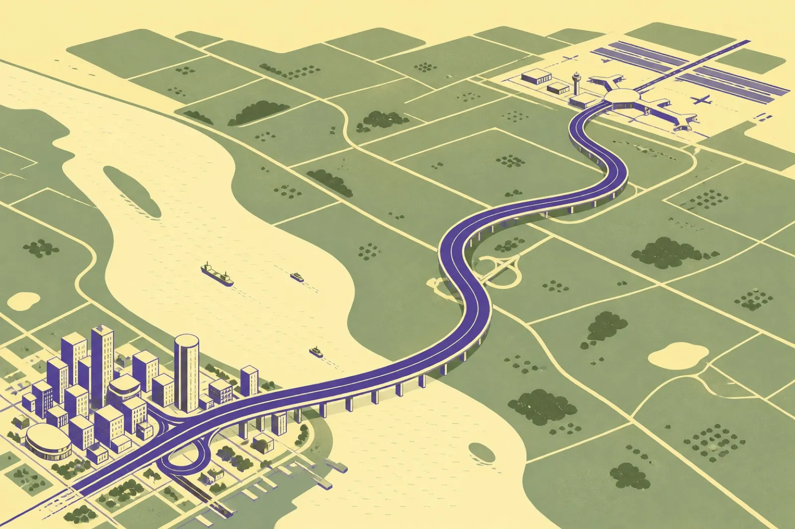 Illustrated aerial view of an elevated expressway curving from a riverside city skyline toward a distant airport among green fields