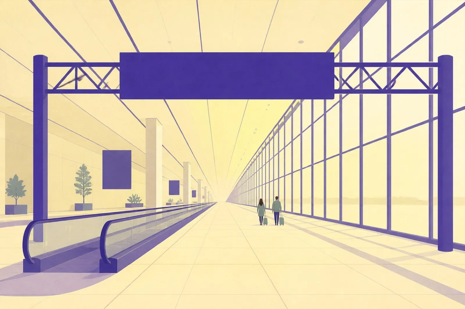 Illustration of a very long airport concourse in deep perspective, a moving walkway down one side and two small figures with suitcases walking far ahead