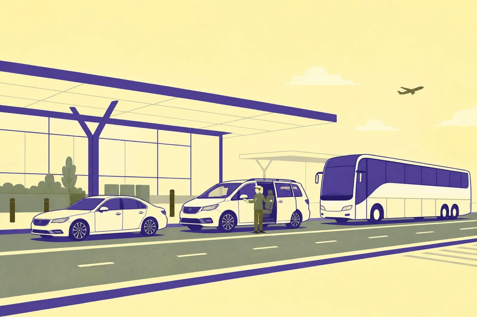 Illustration of a sedan, a minivan and a coach bus waiting at an airport kerb with a driver standing by an open door