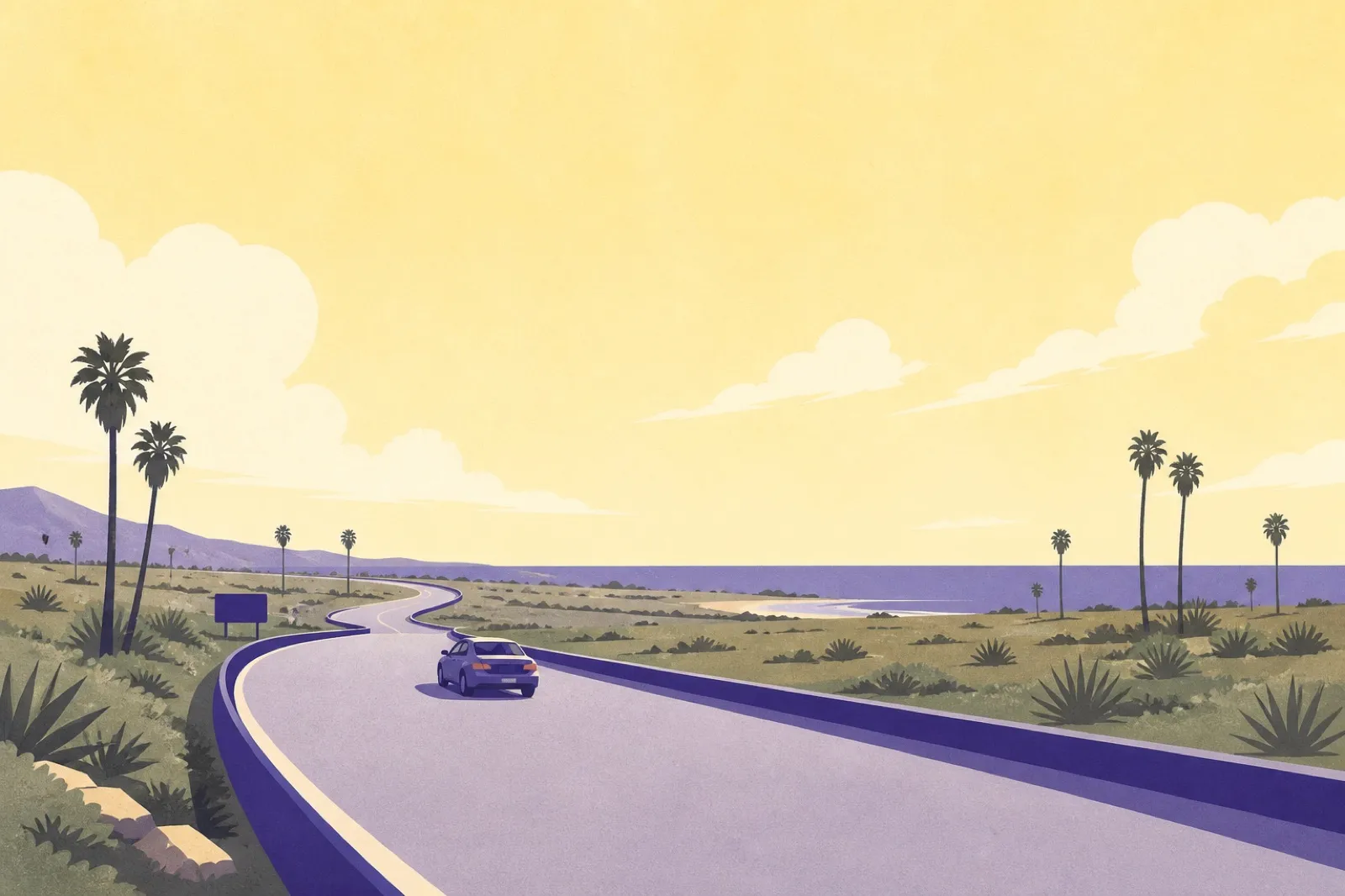 Illustration of an open expressway curving toward a distant coastline, a single car travelling along it between flat scrub and slender palms